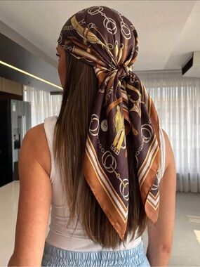 Otherwild Brown and Gold Printed Silk Scarf Headwrap